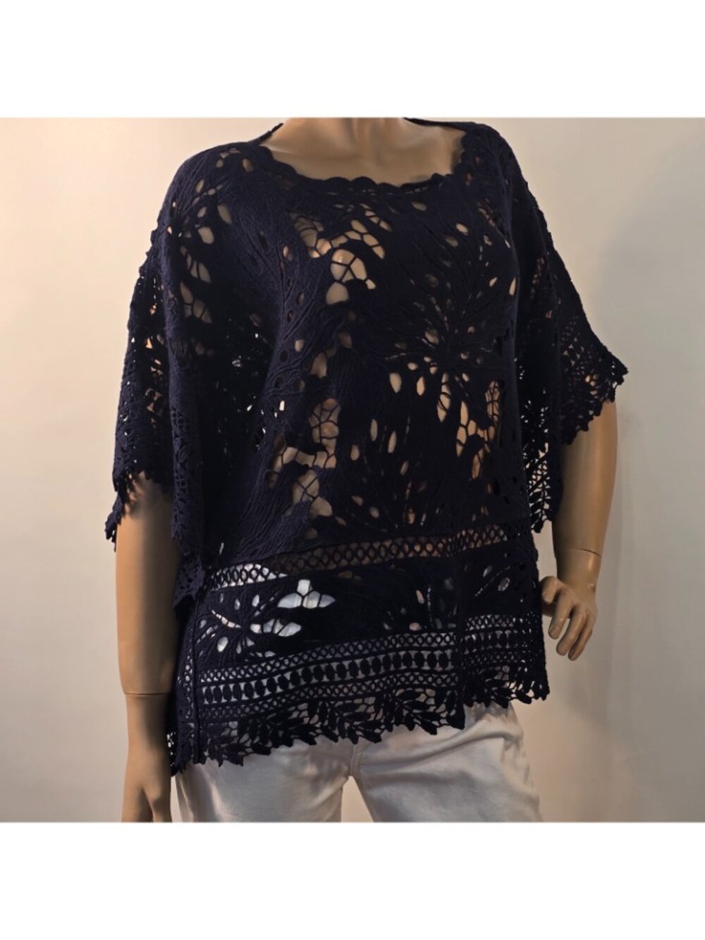Chico's Crochet Lace Poncho Navy Blue Size S/M - Picture 3 of 8